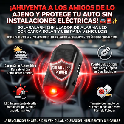 SOLARALARM™ Simulador de Alarma LED Antirrobo con Carga Solar y USB 2x1