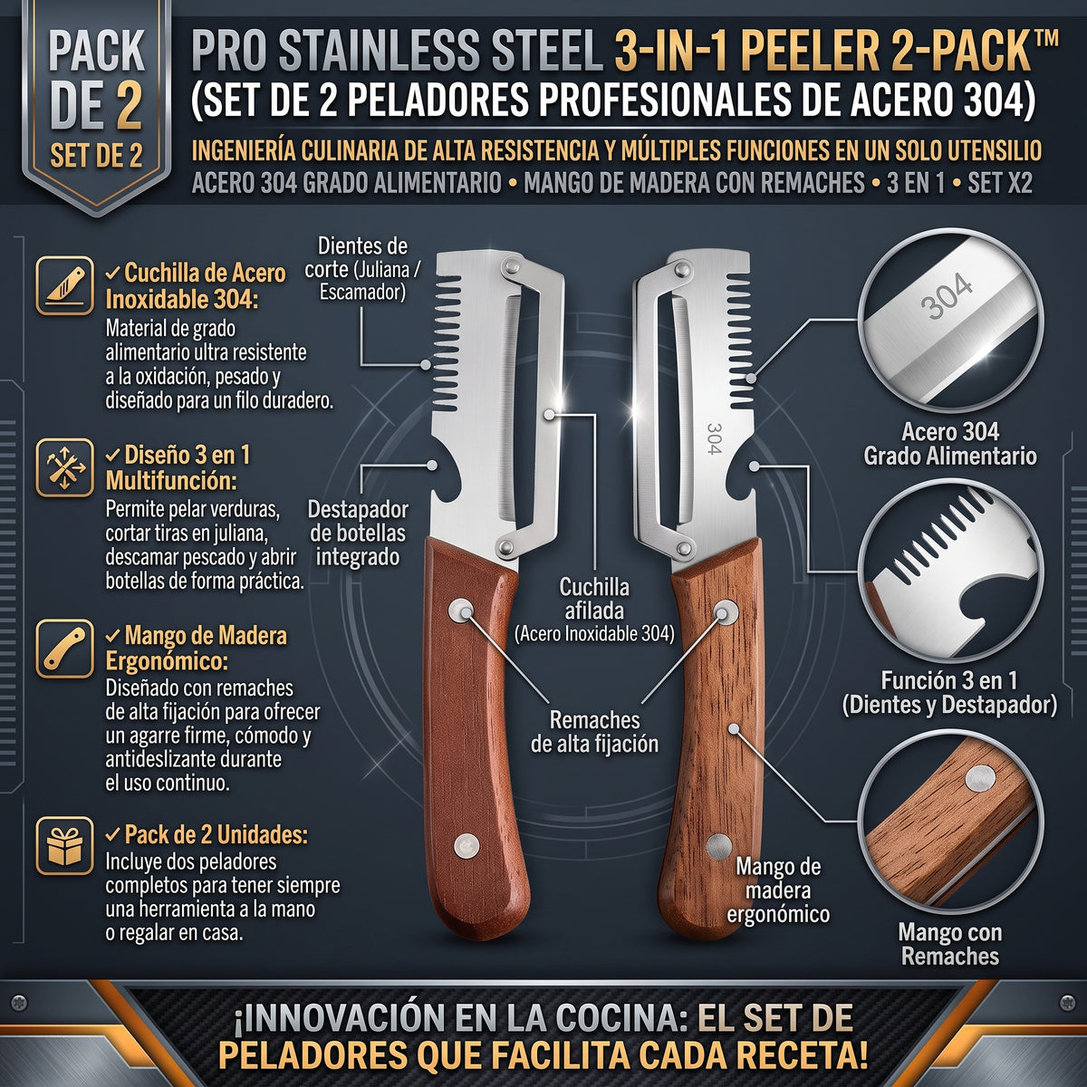 PEELER PRO 2-PACK™ Pelador Multiuso de Acero Inoxidable 3 en 1