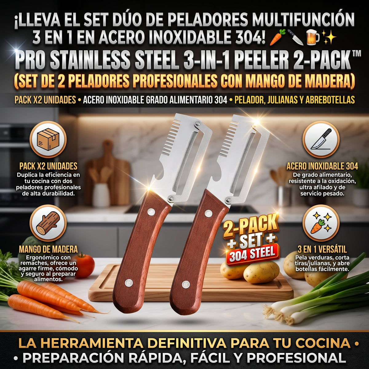 PEELER PRO 2-PACK™ Pelador Multiuso de Acero Inoxidable 3 en 1