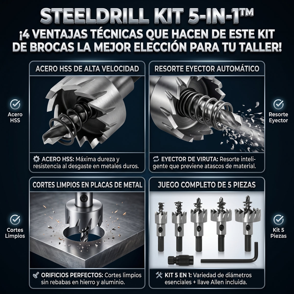 STEELDRILL KIT™ Juego de 5 Brocas Sierra Copa de Acero Rápido