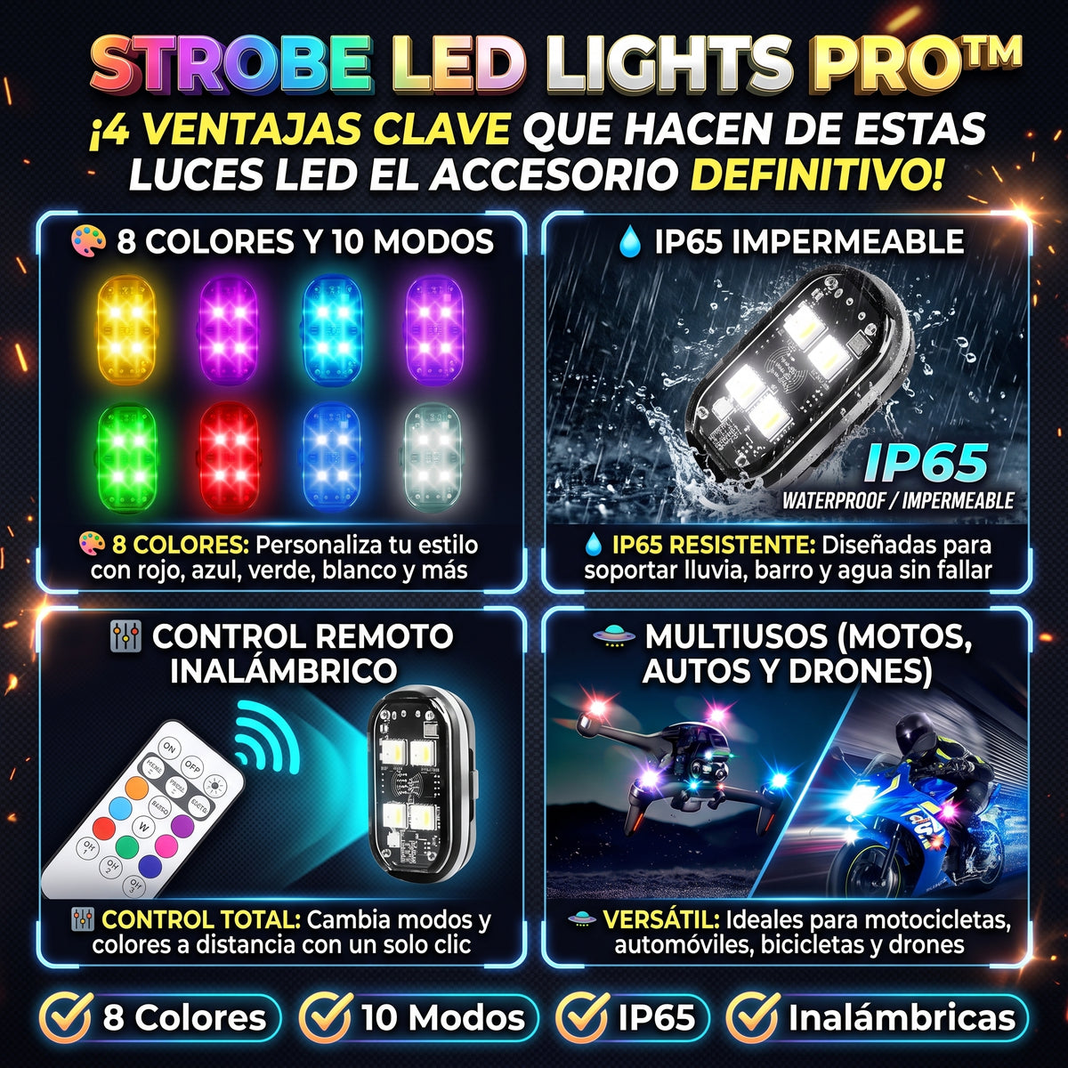 STROBE LED PRO™ Set de 4 Luces LED Estroboscópicas Inalámbricas con Control Remoto