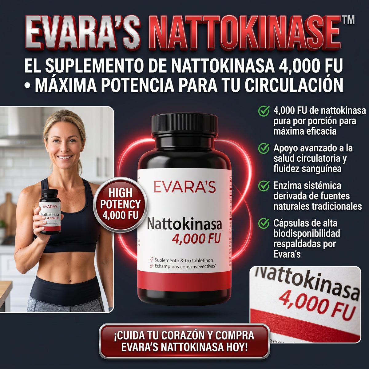 EVARA'S NATTOKINASA™ (4,000 FU) Suplemento de Nattokinasa de Alta Potencia