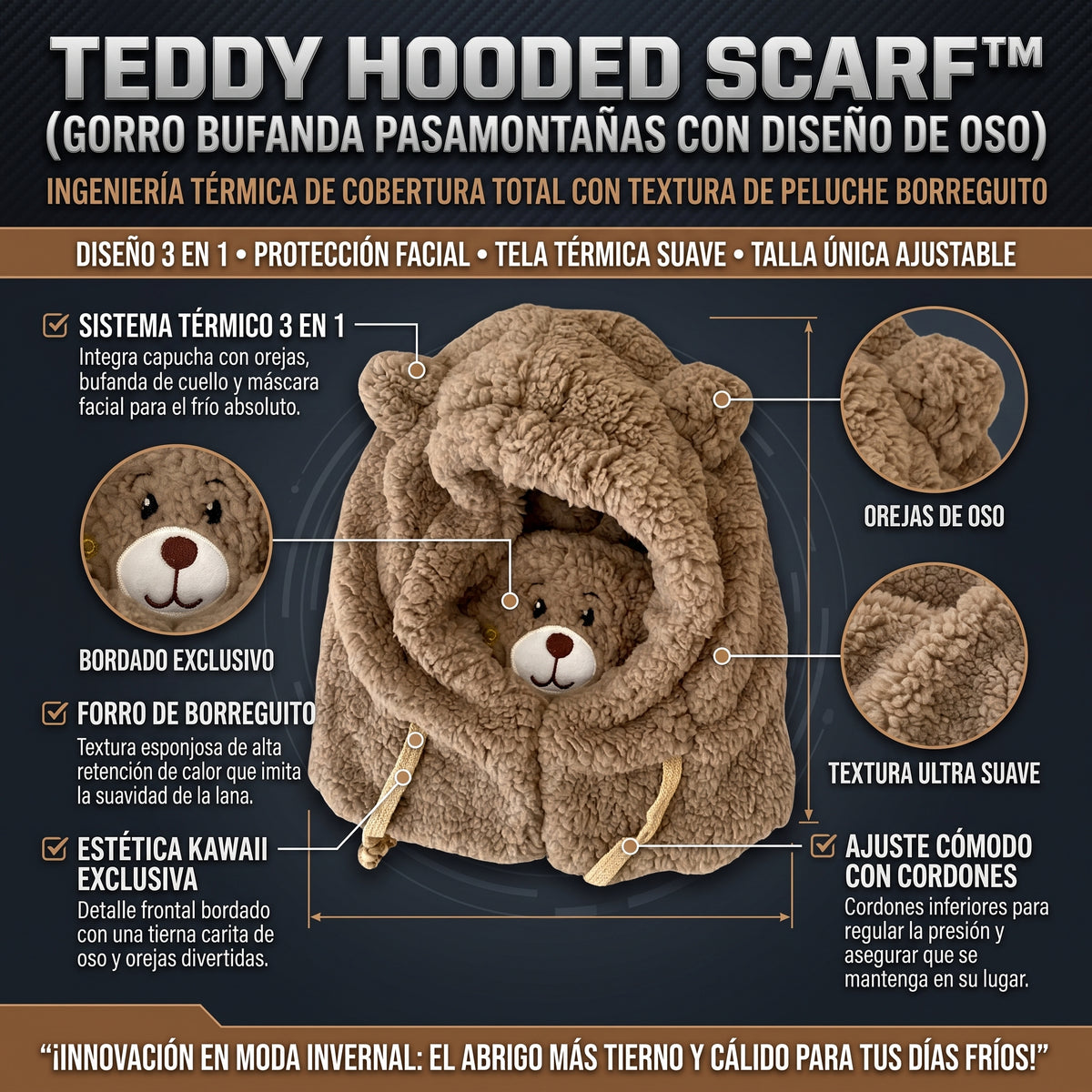 FUNNY TEDDY HOOD™ Gorro Bufanda 3 en 1 con Diseño de Osito