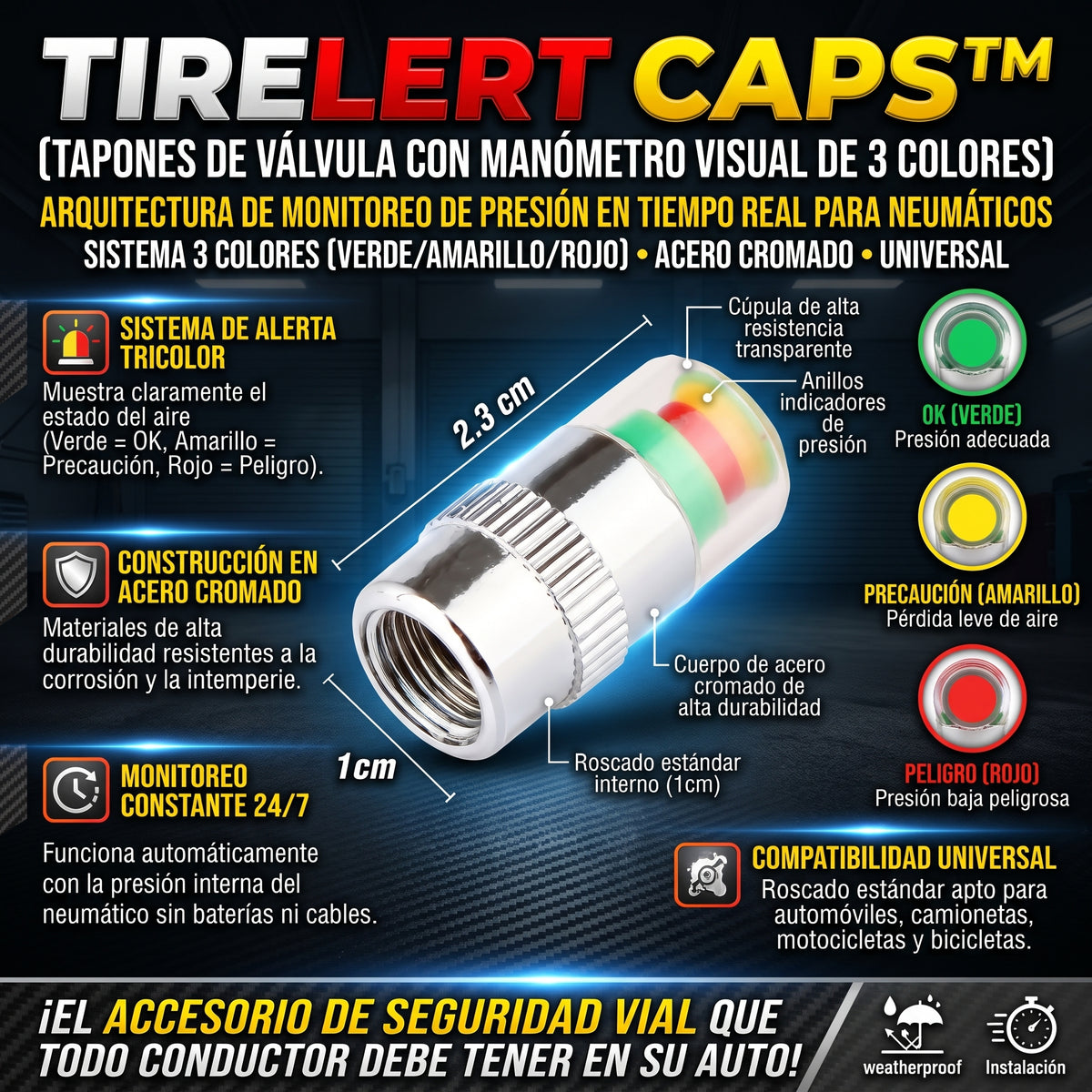 TIRELERT CAPS™ Set de 4 Und Tapas de Válvula con Manómetro Indicador de Presión
