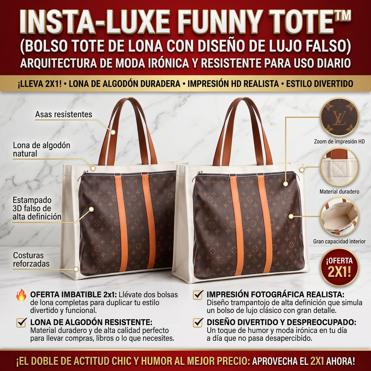 INSTA-LUXE FUNNY TOTE™ Efecto 3D de Bolsos Icónicos LLEVA 2X1