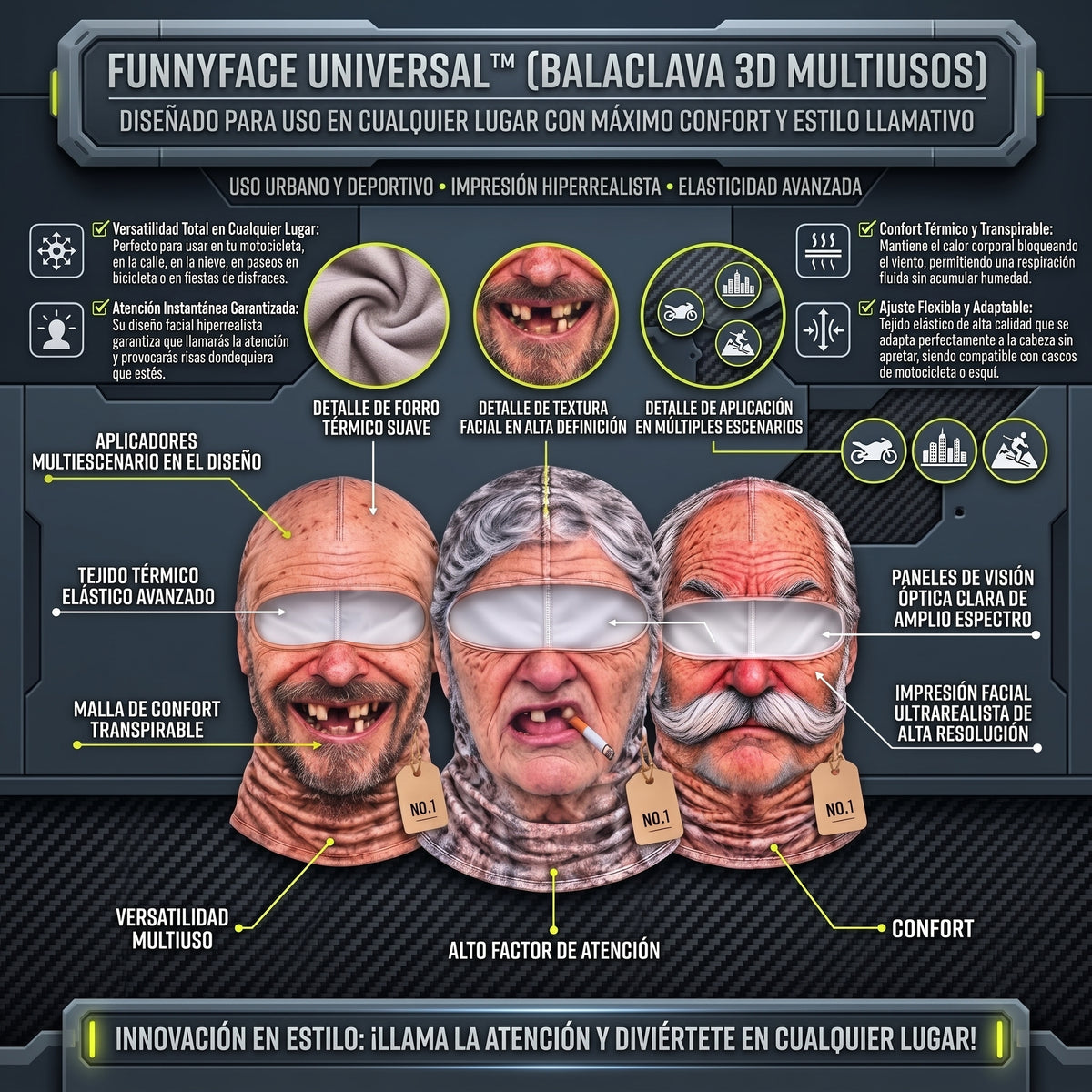 FUNNYFACE™ Pasamontañas Divertido de Rostro Realista 2x1 - T