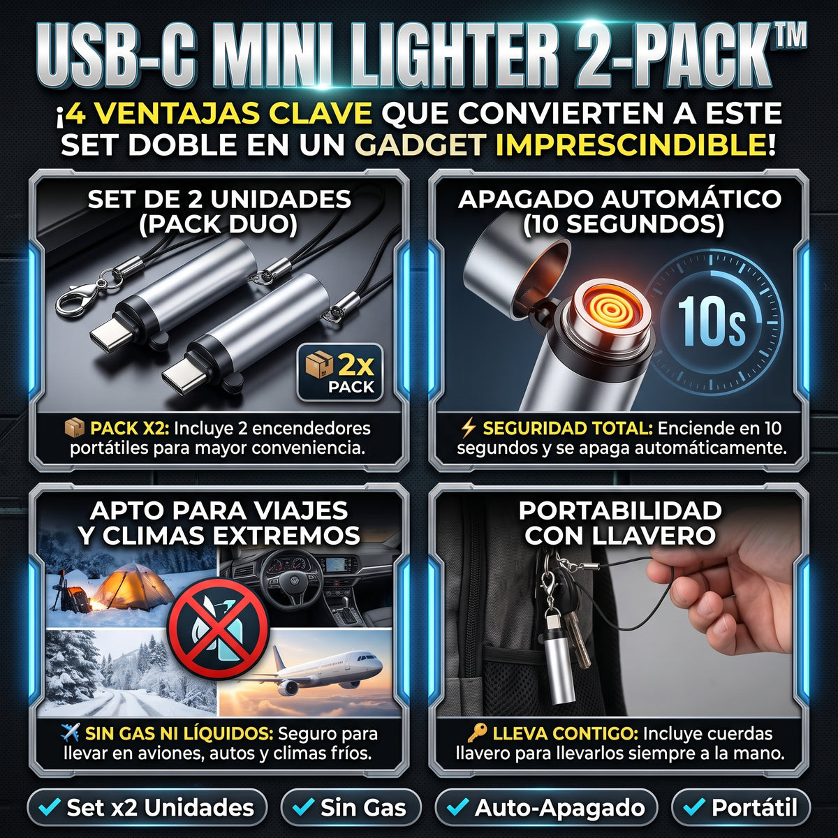 USB-C LIGHTERS 2X™ Encendedor Eléctrico USB-C sin Llama (Set de 2 Unidades)