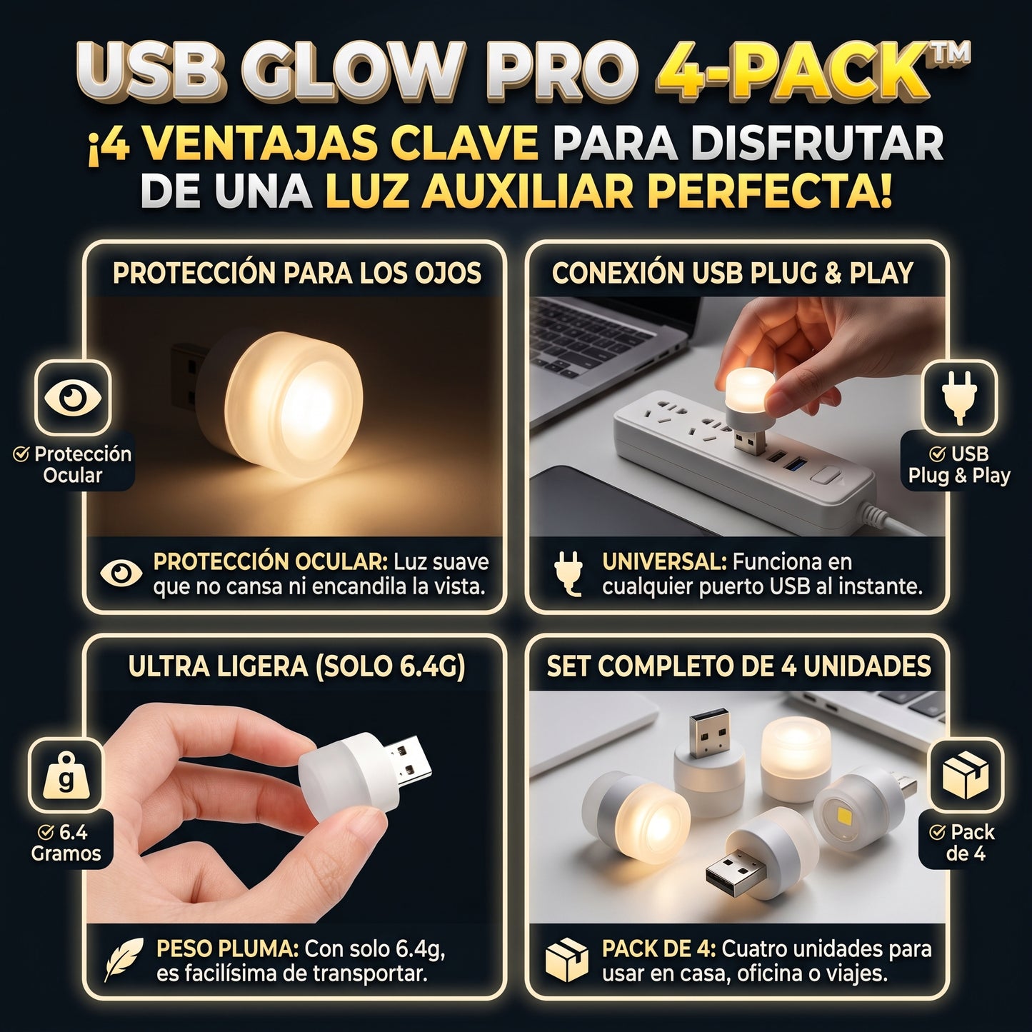 USB GLOW™ Lámparas LED USB de Luz Nocturna SET 4