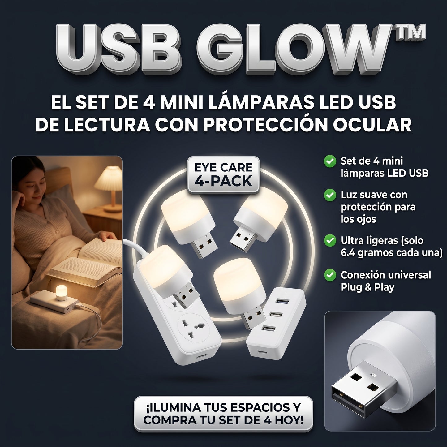 USB GLOW™ Lámparas LED USB de Luz Nocturna SET 4