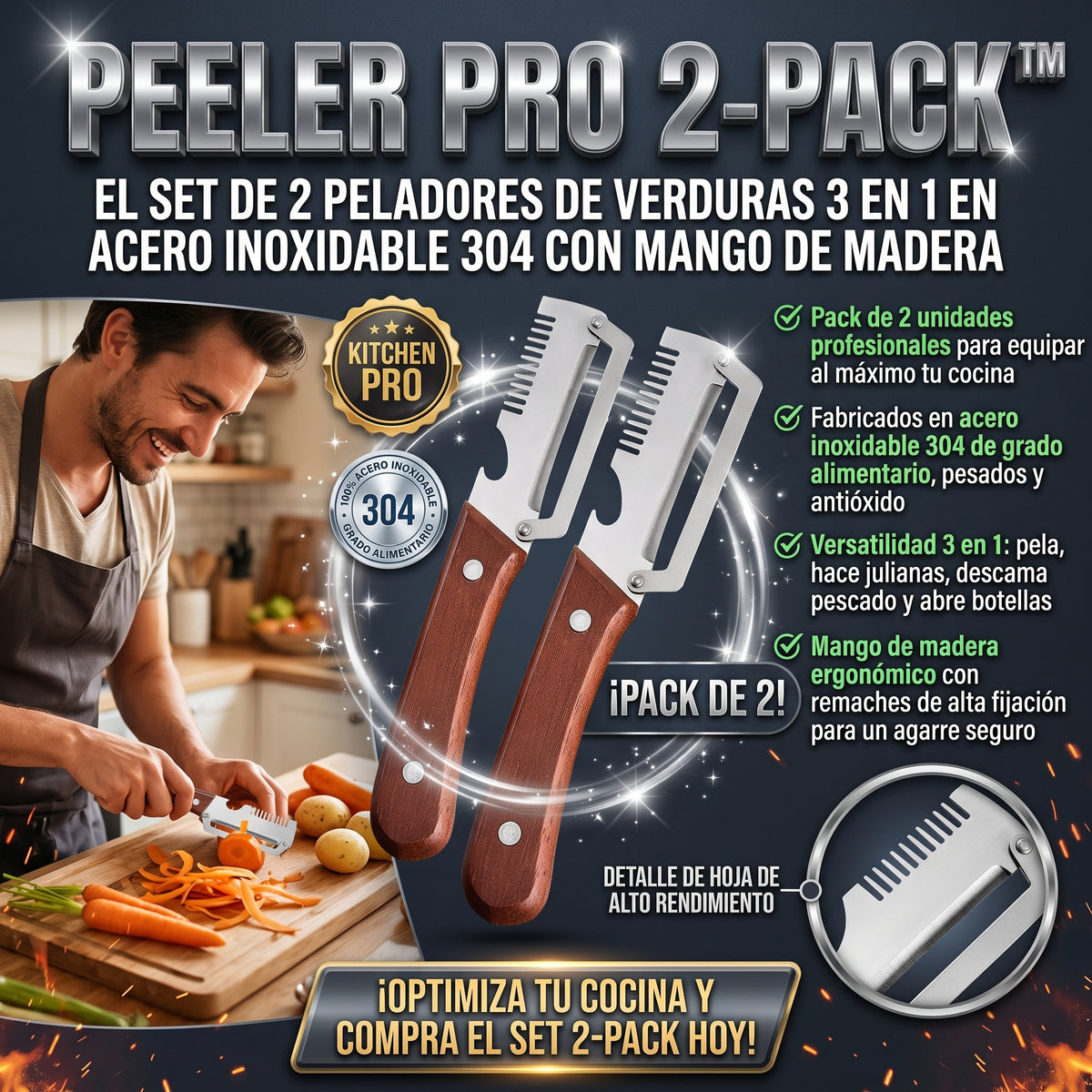 PEELER PRO 2-PACK™ Pelador Multiuso de Acero Inoxidable 3 en 1
