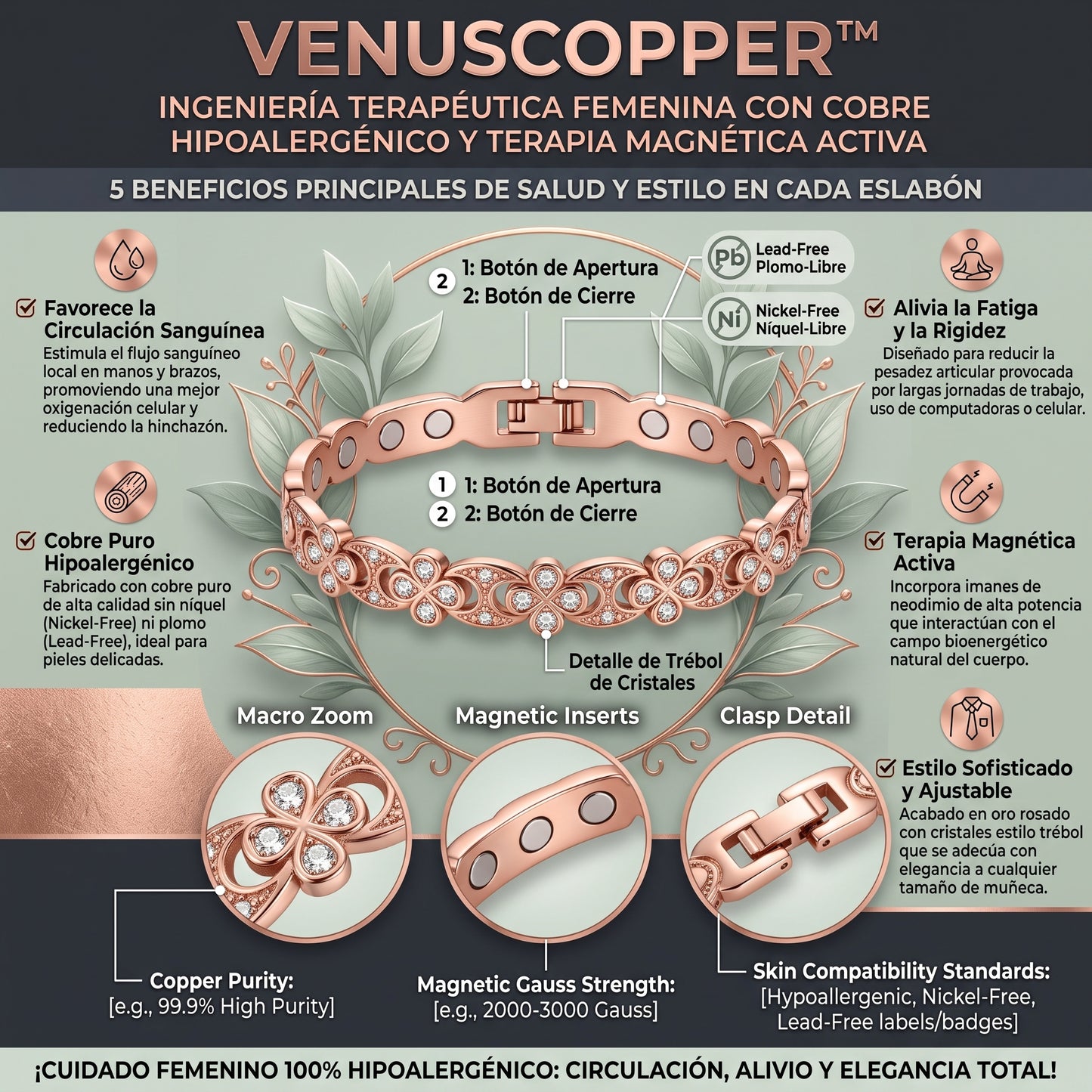 VENUSCOPPER™ Pulsera Terapéutica Magnética de Cobre