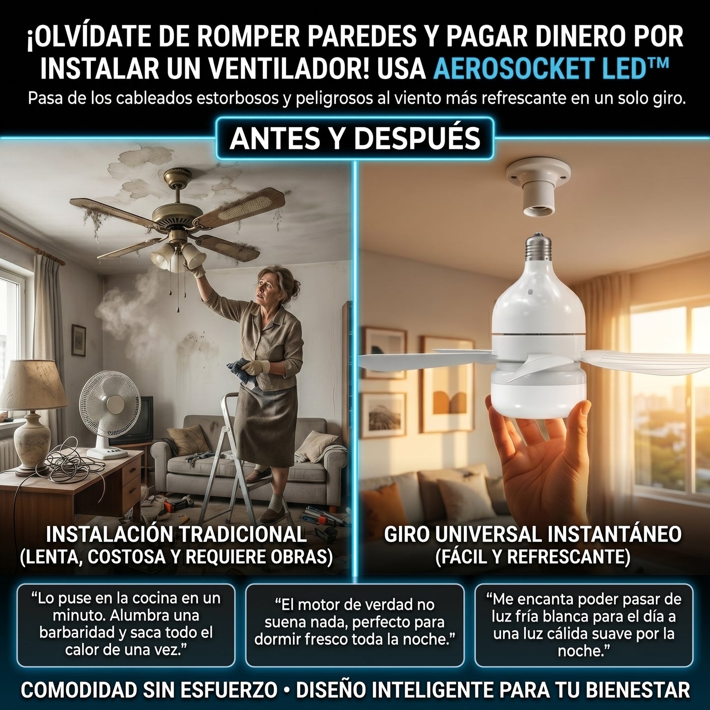 AeroSocket LED™ Ventilador de Techo Tipo Bombillo de 5 Aspas