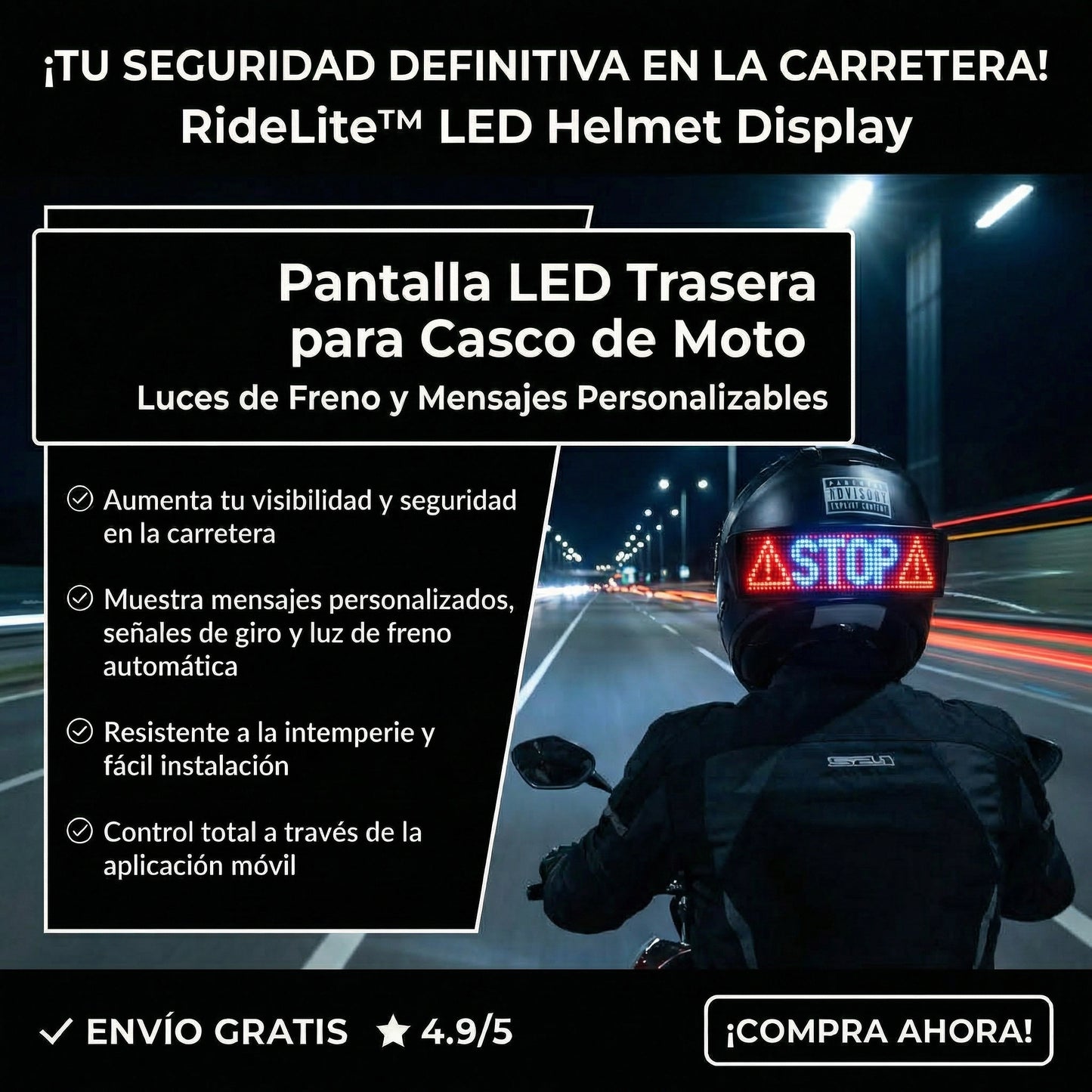 RideLite™ Pantalla LED para casco, luz trasera para casco de motocicleta