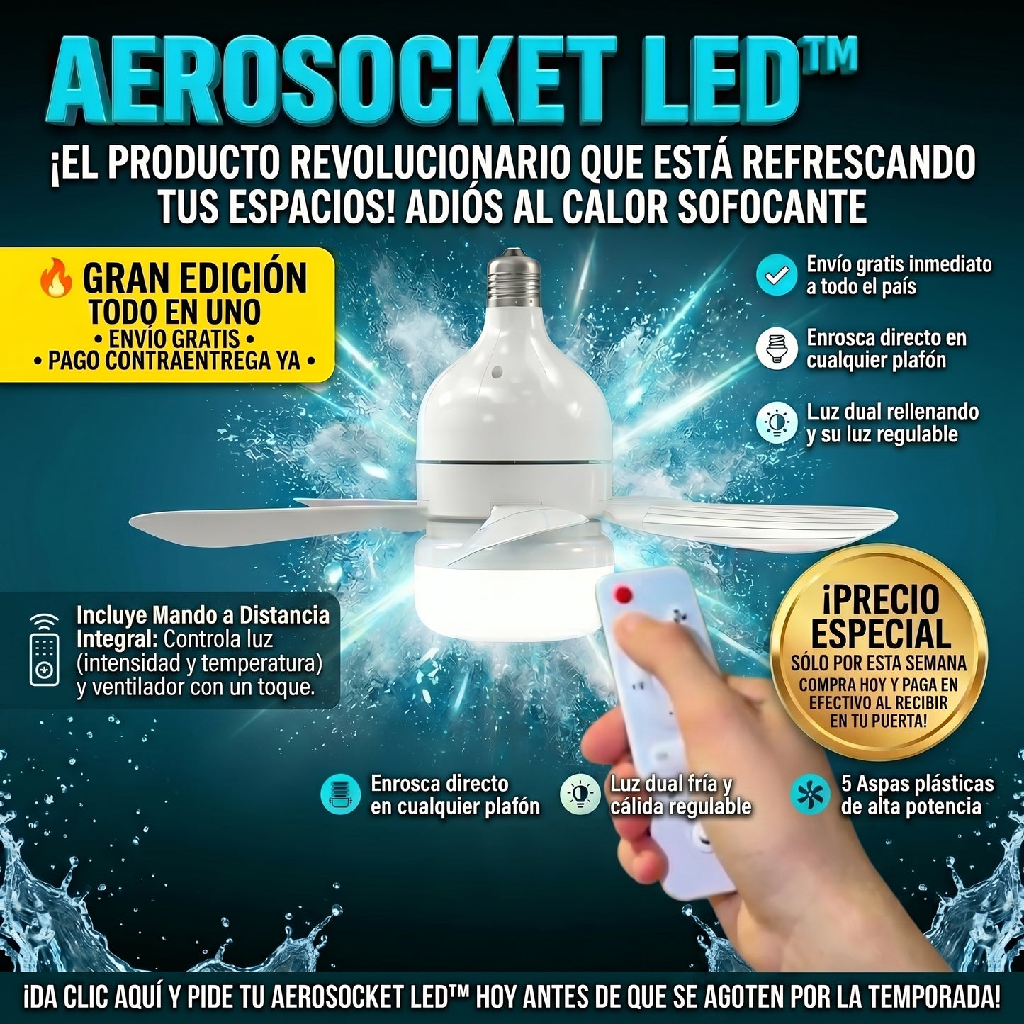 AeroSocket LED™ Ventilador de Techo Tipo Bombillo de 5 Aspas
