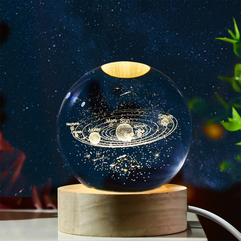 Bola de Cristal 3D  Diseño de Sistema Solar con Iluminación y Base de Madera