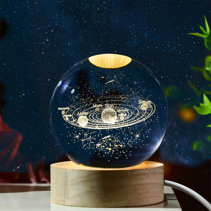 Bola de Cristal 3D  Diseño de Sistema Solar con Iluminación y Base de Madera