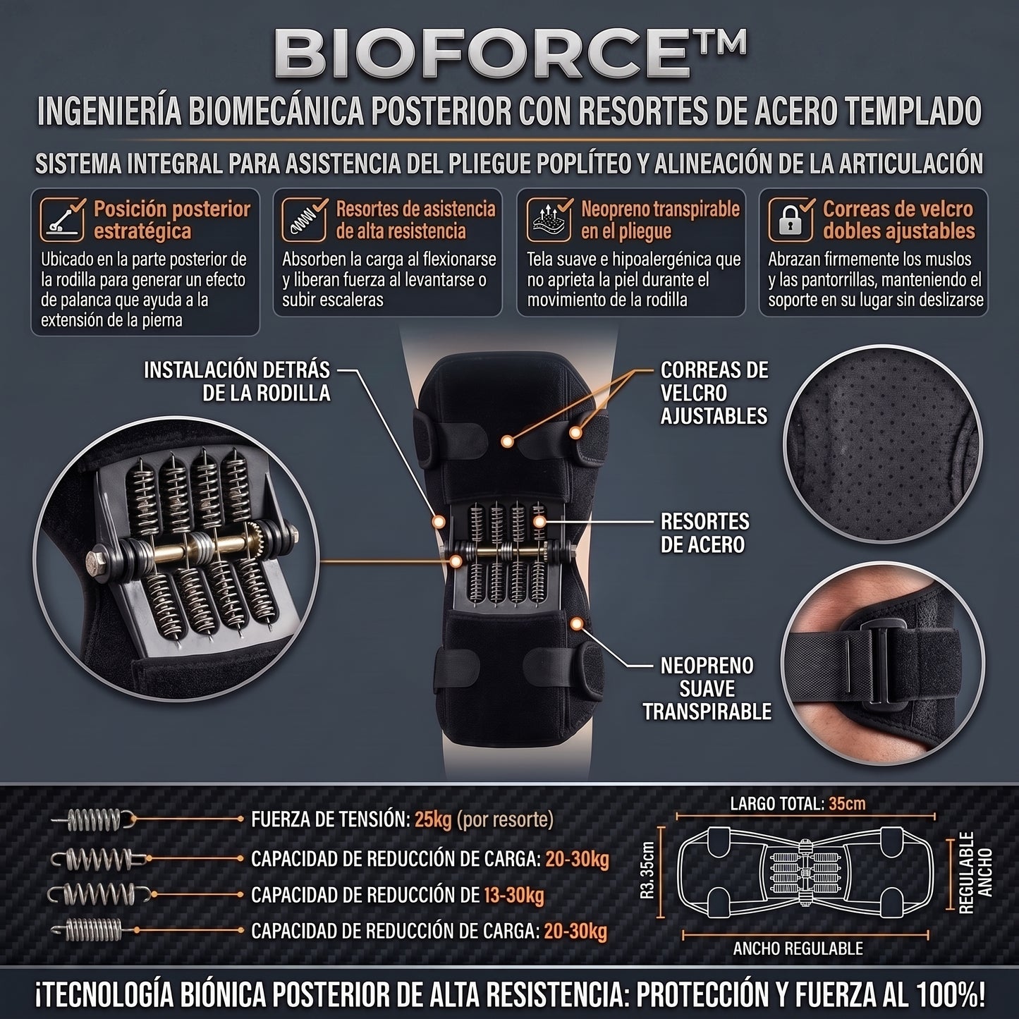 BIOFORCE™ Rodillera Biónica de Soporte Articular con Resortes de Asistencia
