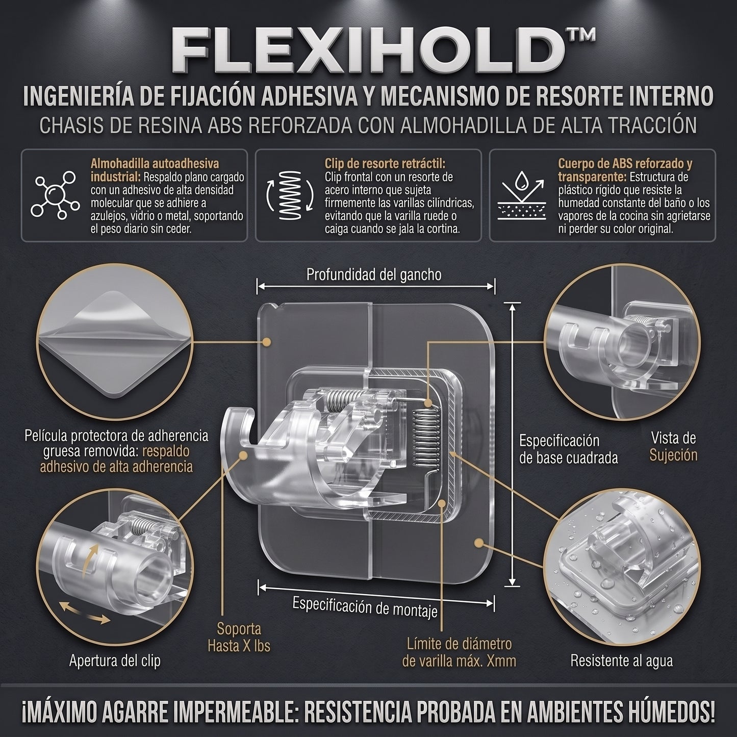 FlexiHold™ Ganchos Adhesivos de Soporte para Barra de Cortina