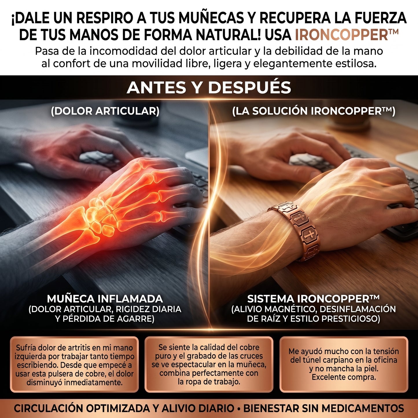 IronCopper™ Brazalete Magnético de Cobre Puro 100%